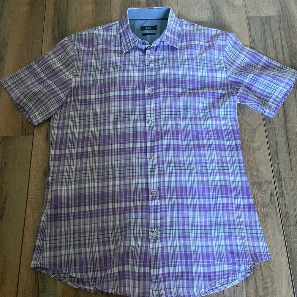 BOSS Men's Purple Plaid Slim Fit Shirt
